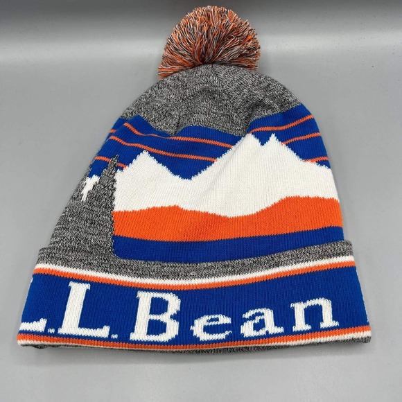 L.L. Bean Hat‎ Men Blue Gray Cuffed Beanie Pom Pom Cap Adult - Picture 1 of 4